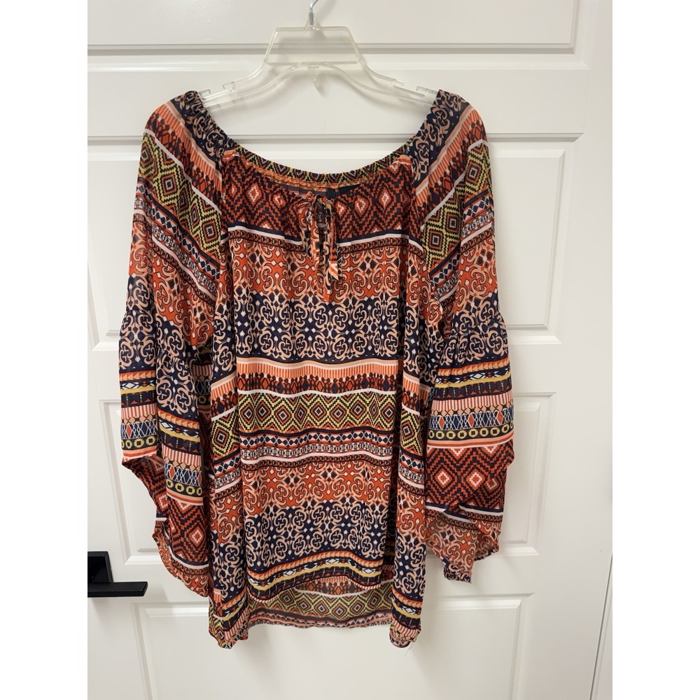 New Directions XL Tunic Top Semi Sheer Bell Sleeve Multicolor Oversized Blouse
